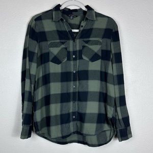 EXPRESS Plaid Button Up Blouse Green Black XS Extra Small